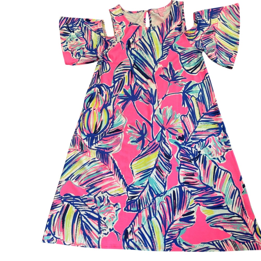 Lilly Pulitzer Somerset Cold Shoulder Dress XS Pink Blue Floral Rayon 363
